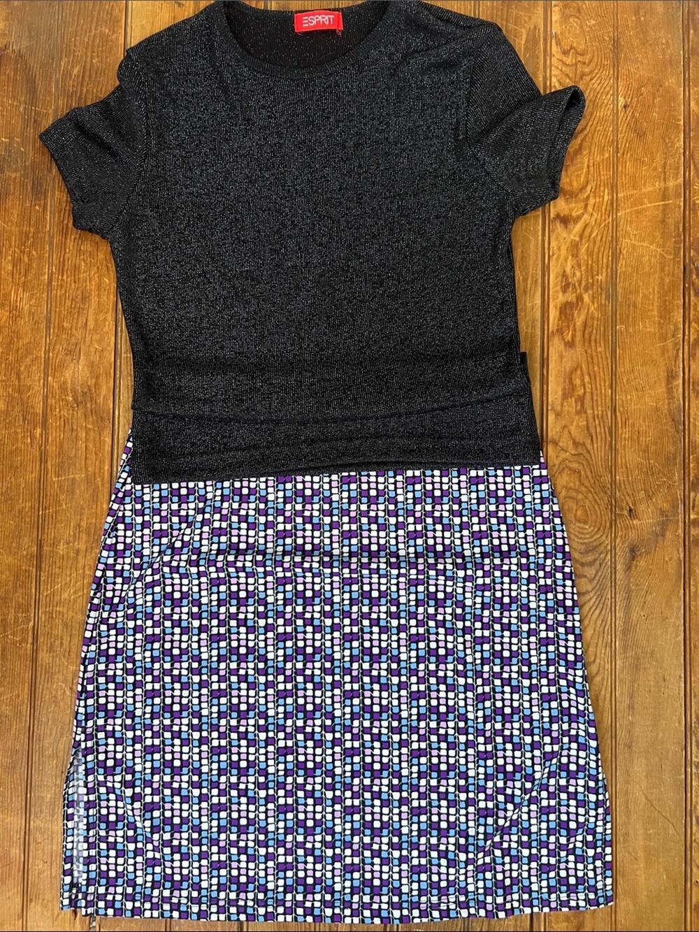 Esprit Black Top with Purple & White Geometric mini Skirt size medium